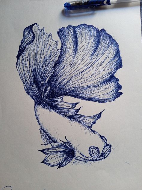 Whale Pen Drawing, Underwater Pen Drawing, Pen Fish Drawing, Fish Pen Drawing, Pen Drawings Aesthetic, Blue Pen Drawing, Pen Drawing Ideas, Siamese Fish, Black Pen Sketches