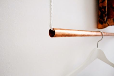 FOXTAIL + MOSS: MAKE: Simple Copper Hanging Garment Rack Diy Clothes Rack, Hanging Clothes Racks, Garment Rack, Copper Diy, Clothes Rail, Diy Closet, Hanging Clothes, Garment Racks, Copper Pipe