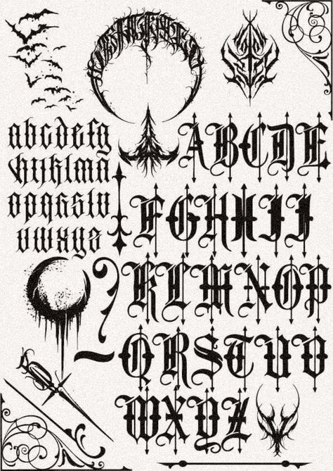 Fonts Design Gothic Lettering Alphabet, Old Gothic Font, Gothic Graffiti Font, Gothic Lettering Fonts, Goth Alphabet, Gothic Calligraphy Art, Gothic Font Alphabet, Goth Lettering, Goth Fonts