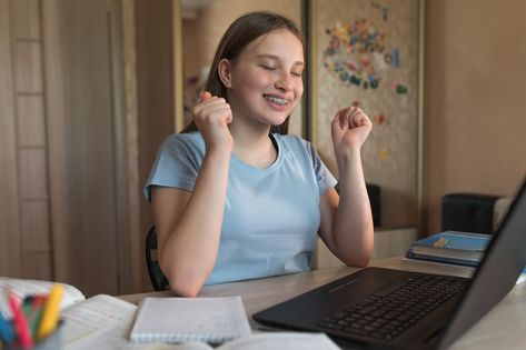 Happy joyful, girl teenager 11-14 years old, approval receipt good luck win, home laptop lessons. E-education and distance learning Internet communications. Passed exam test highest score mark score. Happy Teenager, Win Lottery, Laptop Video, How To Pass Exams, School Education, Distance Learning, Laptop, Mirror Selfie