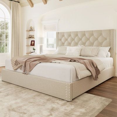 Luxury Upholstered Bed Frame with Tall Headboard House of Hampton® Size: Queen, Color: Beige | House of Hampton® Kevyon Upholstered Platform Storage Bed white / brownUpholstered in Beige | Queen | Wayfair Wayfair Upholstered Bed, Leather King Size Bed, Tufted Mattress, Beige Headboard, Beige House, King Size Platform Bed, Platform Storage Bed, Upholstered Storage Bed, Bed Frame With Drawers