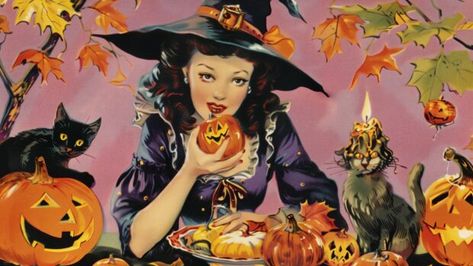 Vintage Halloween postcards featuring witches, black cats, and pumpkins. Halloween Desktop Wallpaper Aesthetic Hd, Fall Halloween Desktop Wallpaper, Vintage Halloween Art Wallpaper Laptop, Vintage Halloween Laptop Wallpaper, Halloween Tablet Wallpaper, Witch Laptop Wallpaper, Halloween Desktop Wallpaper Macbook, Vintage Halloween Desktop Wallpaper, Macbook Wallpaper Aesthetic Vintage