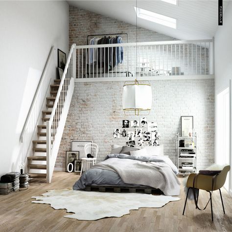 Scandanavian stairs CGI interiors project by Pikcells, via Behance Design Ložnic, Rug Diy, Interior Boho, Minimal Interior Design, Dekorasi Kamar Tidur, Wooden Floors, Loft Living, Brick Walls, Minimalism Interior