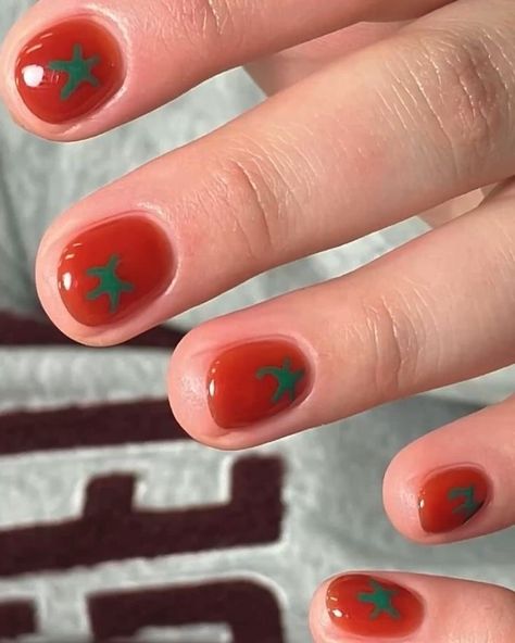 Tomato Manicure, Fruit Nails Art, Tomato Nail Art, Chili Pepper Nails, Bacon Nails, Calico Nails, Sardine Nails, Twee Nails, Goldfish Nails