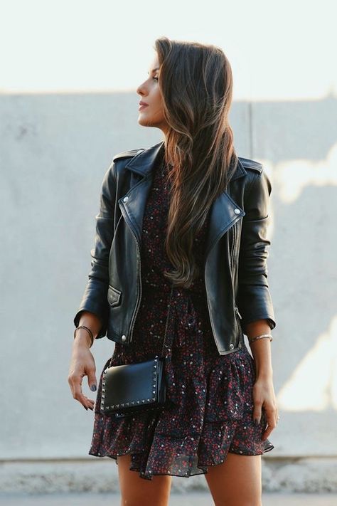 Dress And Leather Jacket, Black Leather Jacket Outfit, Andee Layne, Leather Jacket Dress, Jacket Outfit Women, Thanksgiving Tablescape, Outfit Chic, Leather Jacket Outfits, Stil Inspiration