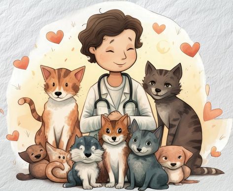 Veterinarian Drawing, Vet Clipart, Veterinary Art, Vet Pictures, Draw School, Caring For Animals, Veterinary Day, Animal Doctor, Humans And Animals