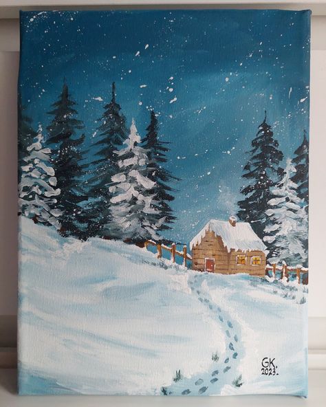 Winter painting Snowy City Painting, Winter Sunrise Painting, Cute Winter Paintings, Winter Acrylic Paintings, Winter Painting Ideas Easy, Easy Winter Painting, Winter Painting Ideas, Winter Scene Paintings, Christmas Canvas Art