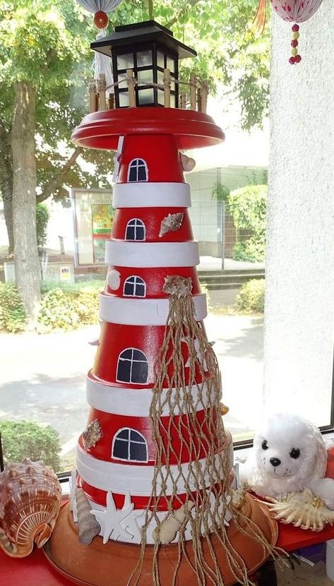 Make a Clay Pot Lighthouse | DIY Lighthouses Make A Lighthouse, Lighthouse Diy, Diy Lighthouse, Clay Pot Lighthouse, Plant Pots Crafts, Diy Terra Cotta Pots, Lighthouse Crafts, Terra Cotta Pot Crafts Diy, Lighthouse Decor