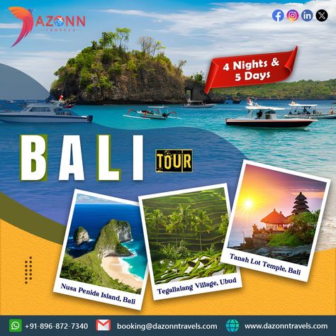 Experience the beauty of Bali with Dazonn Travels. This Bali Tour Package for 4 nights and 5 days includes luxury accommodations, guided tours to iconic spots like Uluwatu Temple and Ubud, beachside relaxation, and thrilling activities such as snorkeling and cultural performances. Enjoy seamless travel arrangements and exceptional service, ensuring an unforgettable Balinese adventure.For more details visits our website or Contact us now:896-872-7340. Bali Tour Packages, Bali Tour, Uluwatu Temple, Luxury Accommodation, Dream Vacation, Ubud, Balinese, Tour Packages, Day Tours