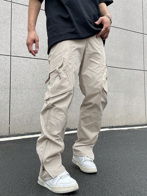 Apricot Street Collar  Woven Fabric Plain Cargo Pants Embellished Non-Stretch  Men Clothing Mens Beige Cargo Pants Outfit, Cream Cargos Outfits Men, Men In Cargo Pants, Beige Cargos Men, Cream Cargo Pants Outfit Men, Cream Cargos, Mens Cargo Pants Outfit, Cargos Men, Men Cargo Pants Outfit