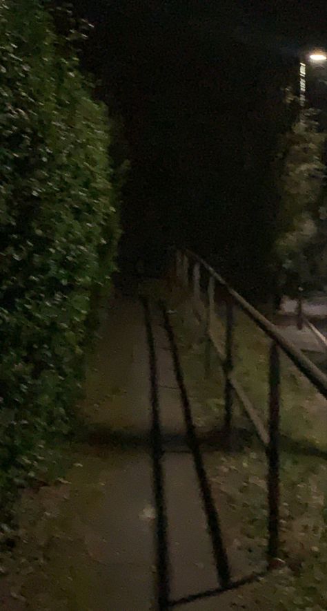 Picture of a path with bushes and a railing next to it. Path lead to nothingness with a steer lamp in the background Dark Ally Way, Creepy Alleyway, Dark Neighborhood, Walking In The Dark, Outside Dark, Night Walking Aesthetic, Green Homescreen, Dark Alleyway, Midnight Walk