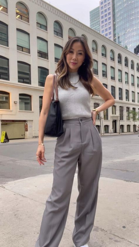 Outfits With Grey Trousers Women, Casual Pants Outfit For Women Summer, Aritzia Office Style, Sneaker For Work Outfit, Official Pants With Sneakers, Aritzia Pants Trousers, How To Wear Formal Pants For Women, How To Style Grey Slacks Women, Grey Style Fashion Outfit