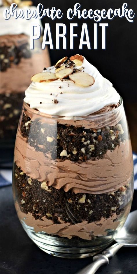 Beautiful layered Chocolate Almond Cheesecake Parfait! Chocolate sandwich cookies with almonds to create a crunchy crust, with a creamy chocolate cheesecake! Perfect for two! #thinkfisher #ad Cheesecake Layered Dessert, Pound Cake Parfait Desserts, Parfait Recipes Chocolate, Chocolate Cheesecake Parfait, Desert Cups Ideas Chocolate, Chocolate Parfait Cups, Pudding Parfait Desserts, Jello Parfait Recipes, Parfait Recipes Dessert