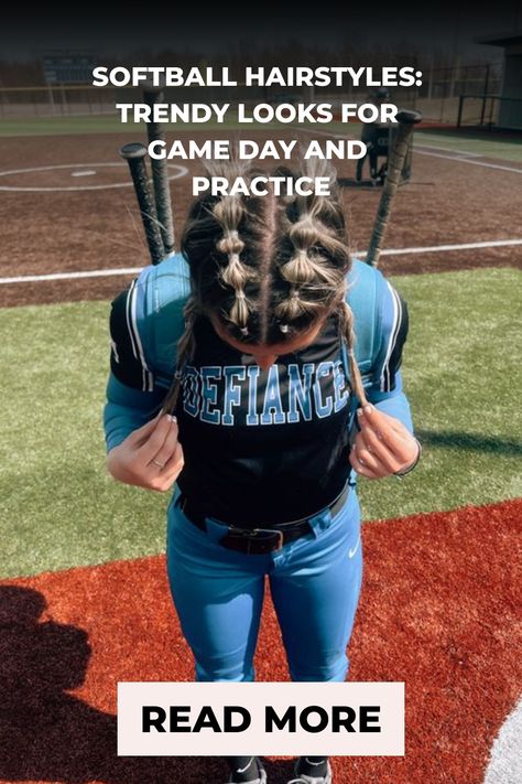 Female athlete in blue softball gear with braided hair on a baseball diamond, promotional overlay text for game day and practice hairstyles with a call to action button. Unique Softball Hairstyles, Softball Game Day Hair Short Hair, Baseball Braids, Softball Tournament Hairstyles, Softball Pictures Hairstyles, Field Day Hair, Girls Softball Hairstyles, Easy Softball Hairstyles Simple, Simple Softball Hairstyles