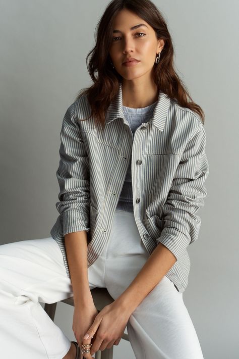 Regular centre back neck to hem 22" / 56.5cm. Machine washable. 100% Cotton. Stripe Jacket Outfit, Striped Jacket Outfit, Tweed Jackets, Worker Jacket, Women Jackets, Pin Stripe, Striped Jacket, Jacket Outfits, Blue Stripes