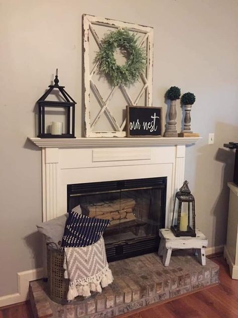 Electric Fireplace Decor Ideas, Fireplace Lanterns, Farmhouse Mantels, Gray Fireplace, Fireplace Hearth Decor, Electric Fireplace Decor, Above Fireplace Decor, Airstone Fireplace, Fireplace Decorating