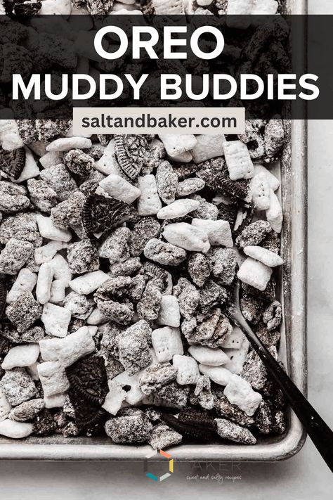 Oreo Muddy Buddies is a fun twist on your favorite traditional version of Muddy Buddies! The cookies and cream muddy buddies flavor is created by mixing up two batches of muddy buddies — one with white chocolate and powdered sugar, and another with milk chocolate and Oreo crumbs! Peanut Butter Muddy Buddies, Snacks Sweet, Muddy Buddies Recipe, Muddy Buddy, Puppy Chow Recipes, Chocolate Work, Muddy Buddies, Easy Treat, Puppy Chow