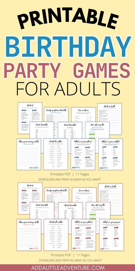 Printable Birthday Games for Adults Games For A 40th Birthday Party, Free Printable Birthday Games For Adults, Grown Up Birthday Party Games, Birthday Games For Adults Free Printable, Printable Games For Adults Free, 1st Birthday Party Games For Adults, Games For Adult Birthday Party, Birthday Party Games Adults, Diy Party Games For Adults Indoor