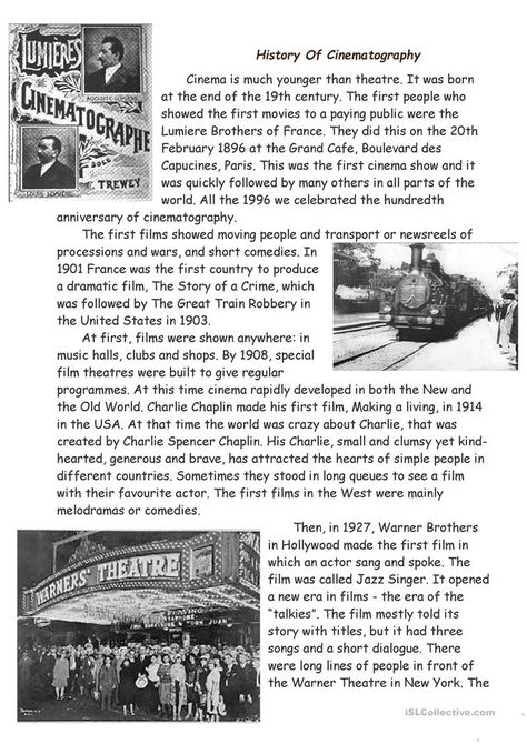 History Of Cinema, English Articles For Reading, Learn To Read English, Reading Comprehension Texts, Esl Reading, English Stories For Kids, English Short Stories, History Worksheets, Reading Comprehension Lessons