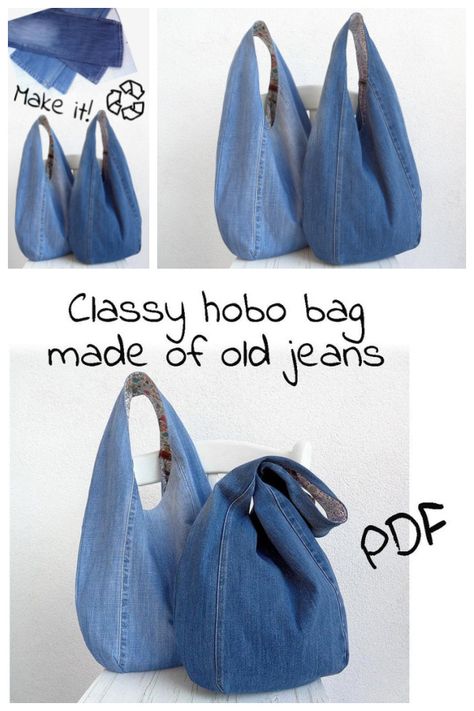 DIY Slouchy Jean Bag Sewing Patterns Återvinna Jeans, Artisanats Denim, Fabric Art Diy, Jean Diy, Tas Denim, Hobo Bag Patterns, Jean Bag, Denim Bag Diy, Denim Bag Patterns