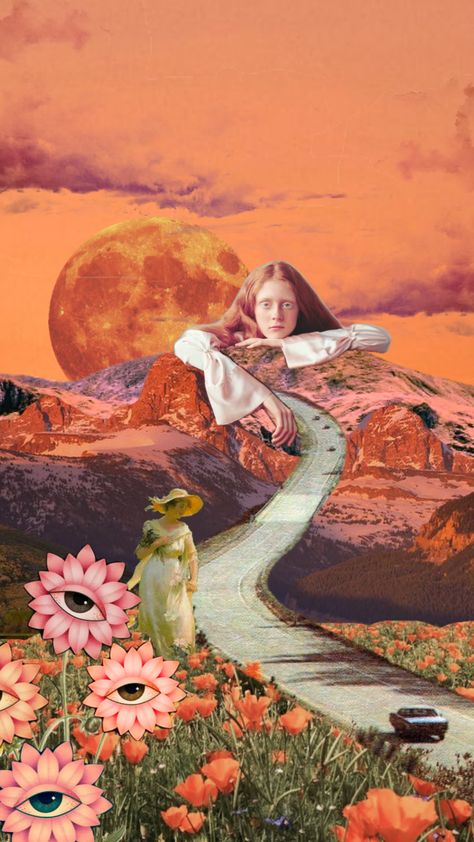 #sunset #skyaesthetic #trending #surreal #surrealism #surreallist #surrealart #mountains #people #pink #orange #nature #aesthetic Orange Nature Aesthetic, Surrealism Fashion, Cow Jumped Over The Moon, Orange Nature, Surreal Collage Art, Nature Collage, Travel Collage, Collage Art Projects, Surreal Collage