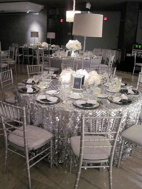 #silver wedding reception... Wedding ideas for brides, grooms, parents & planners ... https://itunes.apple.com/us/app/the-gold-wedding-planner/id498112599?ls=1=8 … plus how to organise an entire wedding ♥ The Gold Wedding Planner iPhone App ♥ White Winter Wedding, Silver Theme, Sparkly Wedding, 25th Wedding Anniversary, Table Set Up, Silver Anniversary, Gray Weddings, Deco Table, Wedding Planners