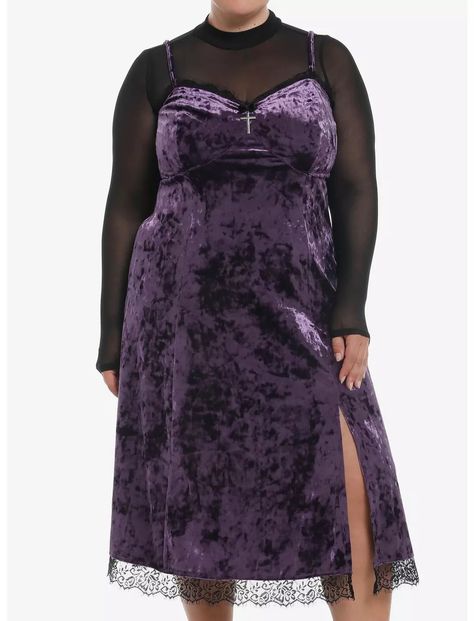 Cosmic Aura Purple Velvet Mesh Long-Sleeve Twofer Dress Plus Size Whimsigoth Plus Size, Plus Size Whimsigoth, Cosmic Aura, Twofer Dress, Plus Size Hot, Plus Size Black Dresses, Emily The Strange, Velvet Slip Dress, Purple Velvet