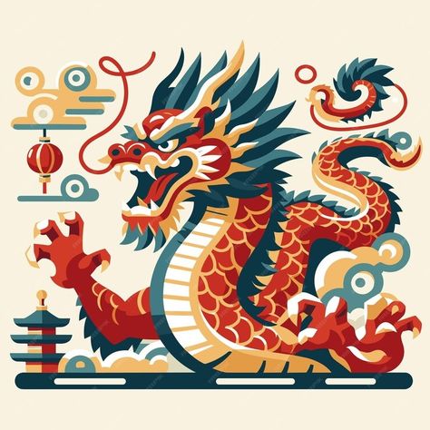 Premium Vector | A flat design illustration of chinese mystical creature like dragon Dragon Illustration Design, Chinese Graphic Design, Chinese Dragon Illustration, Mystical Illustration, Mythology Illustration, Dragon Vector, Chinese Dragon Art, Mystical Creature, Dragon Chinese