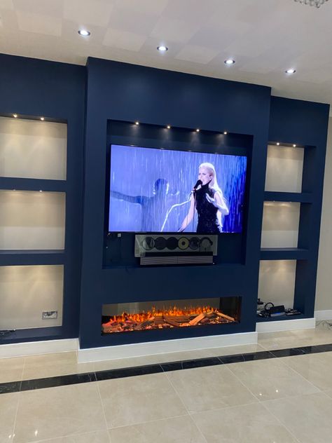 Navy Media Wall, Blue Media Wall, Blue Tv Wall, Blue Feature Wall Living Room, Media Wall With Storage, Home Layout Design, Cinema Wall, Fireplace Modern Design, Luxury Living Room Inspiration