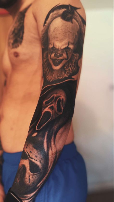 Jason Arm Tattoo, Ghostface Arm Tattoo, Ghostface Hand Tattoo, Scream Mask Tattoo, Leather Face Tattoo, Horror Movie Sleeve, Art The Clown Tattoo, Ghost Face Tattoo, Jason Tattoo