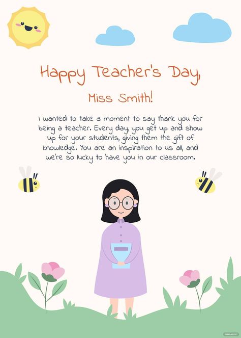 Free Cute Teacher's Day Card Lines For Teachers Day Card, Grating Card For Teachers Day, Last Day Card For Teacher, Teacher's Day Letter Ideas, Card Happy Teacher Day, Greeting Card Design Teachers Day, Short Letter For Teachers Day, Happy Teacher Day Card Design, Letters For Teachers Day