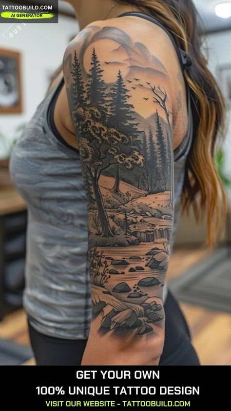 Woodland Sleeve Tattoo For Women, Fall Nature Tattoo, Nature Scene Tattoo For Women, Arm Tattoos For Women Design, Nature Leg Tattoos Women, Nature Shoulder Tattoos For Women, Forrest Tattoo Designs Women, Tree Sleeve Tattoo Women, Mountain Sleeve Tattoo Women