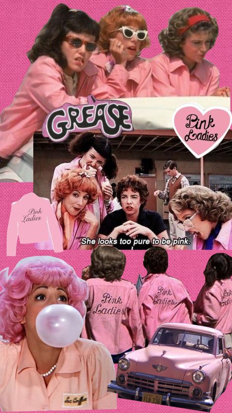 Grease Astethic Wallpaper, Pink Ladies Grease Wallpaper, The Pink Ladies Grease, Grease Inspired Photoshoot, Grease Pink Ladies Aesthetic, Frenchy Grease Aesthetic, Grease Background, Grease Collage, Grease Movie Aesthetic