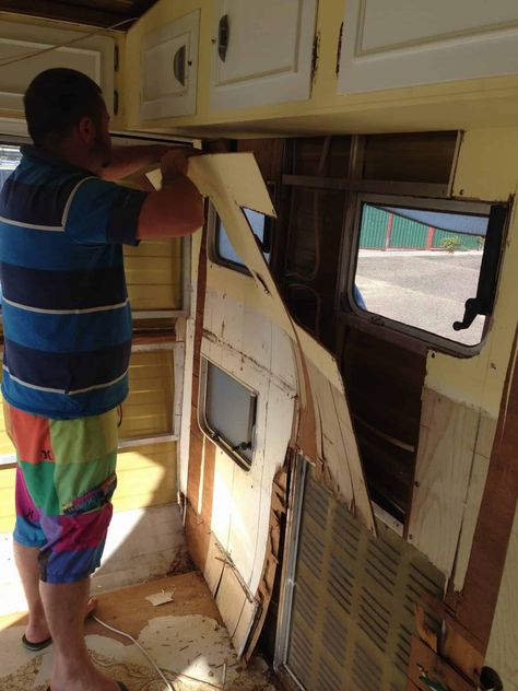 Caravan Renovation Before And After, Caravan Renovation Diy, Caravan Repairs, Caravan Conversion, Diy Caravan, Motorhome Interior, Caravan Decor, Caravan Makeover, Vintage Camper Remodel