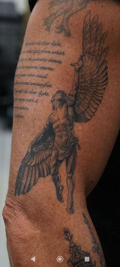 Main Character Tattoo Ideas, Verse Chest Tattoo Men, Cross On Back Tattoo Men, Cool Upper Arm Tattoos For Men, Best Looking Tattoos For Men, Burning Paper Tattoo, Upper Trap Tattoo Men, Large Body Tattoos, Ibew Electrician Tattoo