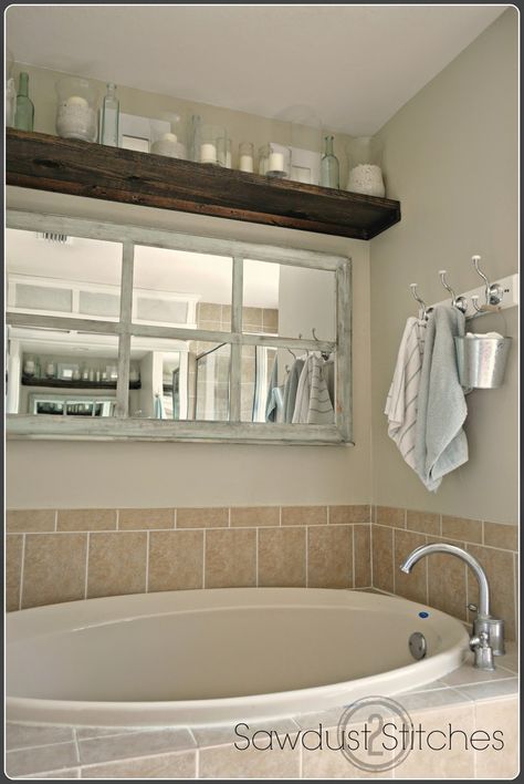 – Window Framed Mirror Using $5 Walmart mirror Window Above Tub, Garden Tub Decor Master Bath, Tub Decor Master Bath, Garden Tub Decor, Faux Windows, Windows Repurposed, Tub Decor, Antique Diy, Window Frame Mirror