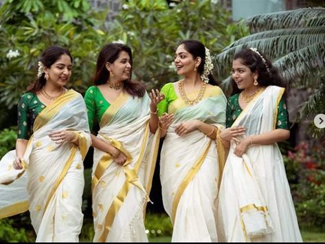 Onam Saree Blouse, Saree Outfits, Kerala Saree Blouse, Engagement Looks, Green Blouse Designs, Onam Outfits, Onam Saree, Remix Songs, Sisters Photoshoot Poses