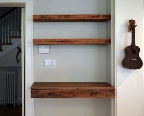 Alcove Workspace, Diy Floating Desk With Drawers, Alcove Desk And Shelves, Alcove Desks, Alcove Desk Ideas, Floating Desk And Shelves, Floating Shelves Desk, Floating Desk With Drawers, Floating Wall Desk