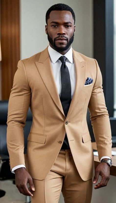 Black Man In Suit Classy, Suits For Dark Skinned Men, Dream Person, Best Wedding Suits For Men, Khaki Suits, Best Wedding Suits, Wedding Tux, Blazer Outfits Men, Tan Suit