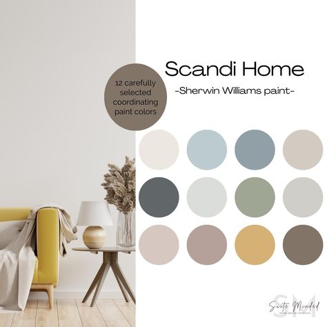 Looking to transform your interior into a Scandinavian haven but not sure which color to choose?  This detailed, budget-friendly, whole-house paint palette is ideal to help you select the best paint color for your home. It contains: - 12 carefully selected paint colors from Sherwin Williams: we've thoughtfully handpicked a palette of 12 stunning Sherwin Williams paint colors to create the perfect interior space. - Detailed color description: This home paint palette includes a description of each Icelandic Paint Sherwin Williams, Light Grey Color Palette Living Room, Scandi Color Palette, Japandi Wall Paint, House Paint Palette Interior, Scandinavian Interior Color Palette, Luxury Scandinavian Interior, Marshmallow Web, Home Color Palette Interior