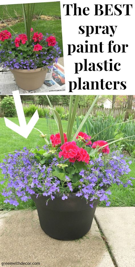 Spray Paint Flower Pots Outdoor Planters, How To Paint Plastic Planters, How To Paint Plastic Flower Pots, Spray Paint Plastic Planters, Painting Planters, Paint For Plastic, Painting Flower Pots, Pot Makeover, Plant Theatre