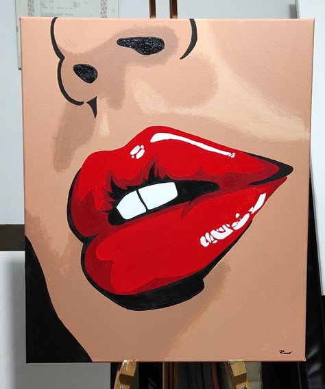 Make Up Painting On Canvas, Lip Painting Canvases Easy, Makeup Painting Canvas, Two Color Painting, Lips Painting Acrylic, Self Love Painting Canvases, Pop Art Painting Ideas Simple, Pop Art Painting Ideas, Boujee Paintings