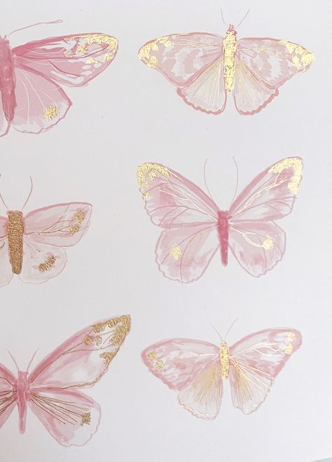 Butterfly For Print, Gold And Pink Aesthetic, Pink Butterfly Drawing, Pink Butterfly Printable, Doe Aesthetic, Pink Butterfly Painting, Pink And Gold Aesthetic, Pink And Gold Painting, Pink Butterfly Art