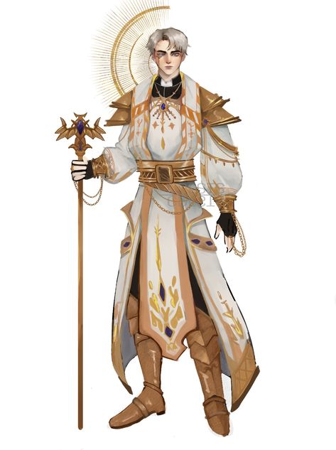 Fantasy cleric character design concept art Sun Cleric Dnd, Cleric Poses Reference, Fantasy Robes Concept Art, Cleric Of Lathander, Religious Character Design, Cleric Clothing, Prophet Character Design, Dnd Life Cleric, D&d Cleric Art