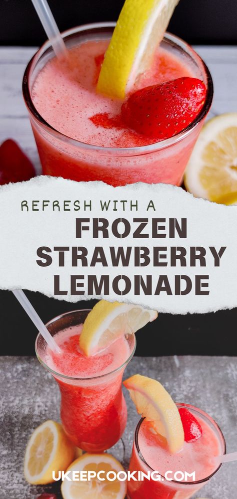 Refresh with a Frozen Strawberry Lemonade! 🍓🍋 This cooling treat blends tart lemonade with sweet, frozen strawberries for the ultimate summer drink. Perfectly chilled and bursting with flavor, it’s your go-to recipe for a quick and easy thirst-quencher. Frozen Strawberry Lemonade Recipe, Frozen Strawberry Lemonade, Cold Drinks Recipes, Lemonade Smoothie, Strawberry Lemonade Recipe, Frozen Drink Recipes, Frosted Lemonade, Frozen Strawberry, Drink Recipes Nonalcoholic