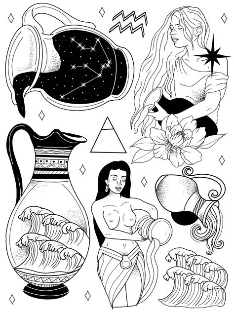 Astrology Aquarius Tattoo, The Water Bearer Tattoo, Tattoos For Shy People, Aquarius Water Bearer Art, Aquarius Goddess Tattoo Zodiac Signs, Aquarius Water Jug Tattoo, Humanitarian Tattoo, Aquarius Tattoo Water Bearer, Uranus Tattoo Aquarius