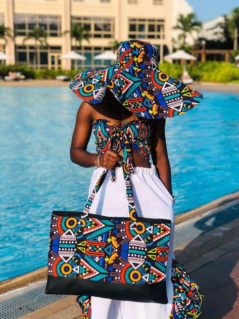 African Print Beach Wear, African Fabric Accessories, African Hats, African Bag, African Accessories, African Inspired Clothing, African Print Dress Designs, Afrikaanse Mode, African Fashion Traditional