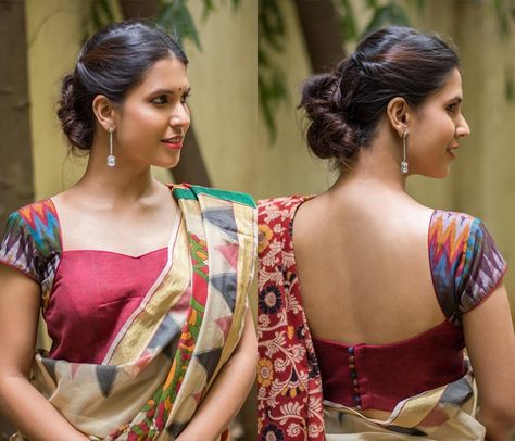 ikat blouse designs Kalamkari Blouse Designs, Ikat Blouse Designs, Ikkat Blouse, Saree Jacket Designs, Indian Blouse Designs, Ikat Blouse, Keep Me Stylish, Kalamkari Blouse, Cotton Saree Blouse Designs