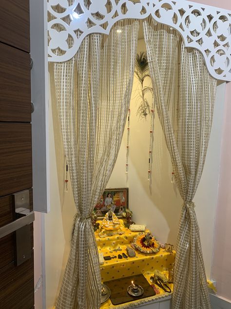 Temple Curtain Ideas, Mandir With Curtain Design, Home Temple Curtain Design, Curtains For Temple At Home, Pooja Room Curtain Ideas, Mandir Curtain Designs, Temple Curtain Design, Mandir Curtain Ideas, Krishna Accessories