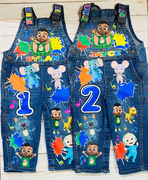 Cocomelon denim party overalls Happy Camper Birthday Party, Baby African Clothes, Cocomelon Jj, Party Characters, Outfit Denim, Toddler Parties, Kids Overalls, Cap Decorations, Custom Denim